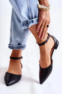 Sandały Płaskie|Baleriny Klasyczne></noscript>Boto Damskie Skórzane Baleriny Sandały W Szpic Czarne Caprise