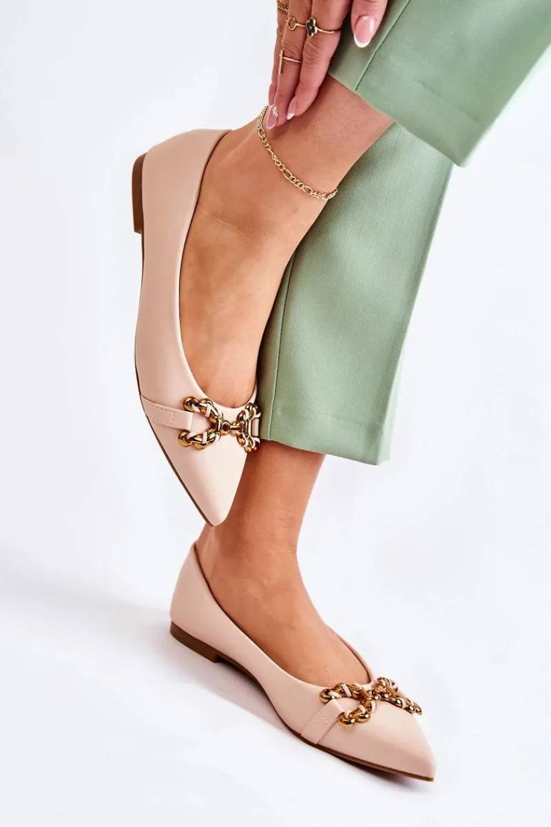 Hot Boto Damskie Skórzane Baleriny W Szpic Z Ozdobą Beżowe Carlos