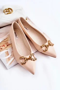 Hot Boto Damskie Skórzane Baleriny W Szpic Z Ozdobą Beżowe Carlos