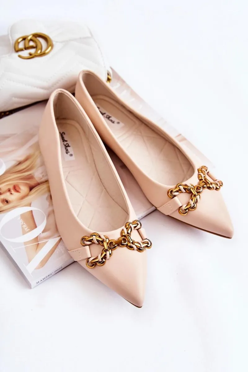 Hot Boto Damskie Skórzane Baleriny W Szpic Z Ozdobą Beżowe Carlos