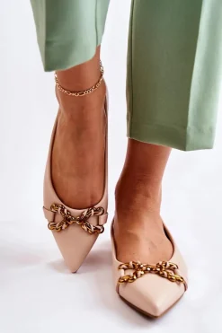 Hot Boto Damskie Skórzane Baleriny W Szpic Z Ozdobą Beżowe Carlos