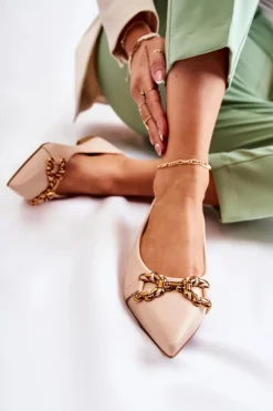 Hot Boto Damskie Skórzane Baleriny W Szpic Z Ozdobą Beżowe Carlos