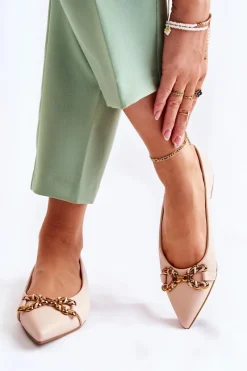 Hot Boto Damskie Skórzane Baleriny W Szpic Z Ozdobą Beżowe Carlos