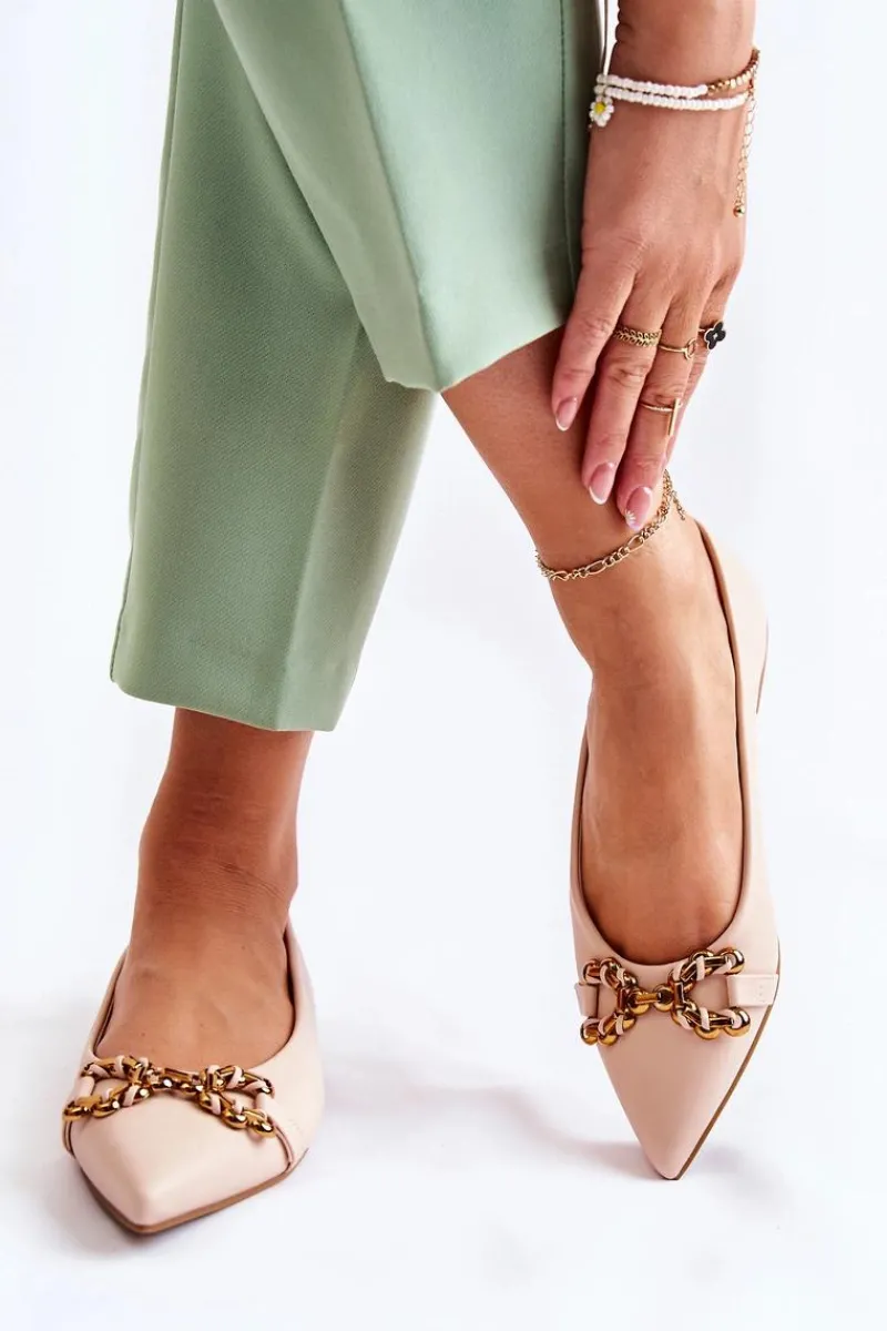 Hot Boto Damskie Skórzane Baleriny W Szpic Z Ozdobą Beżowe Carlos