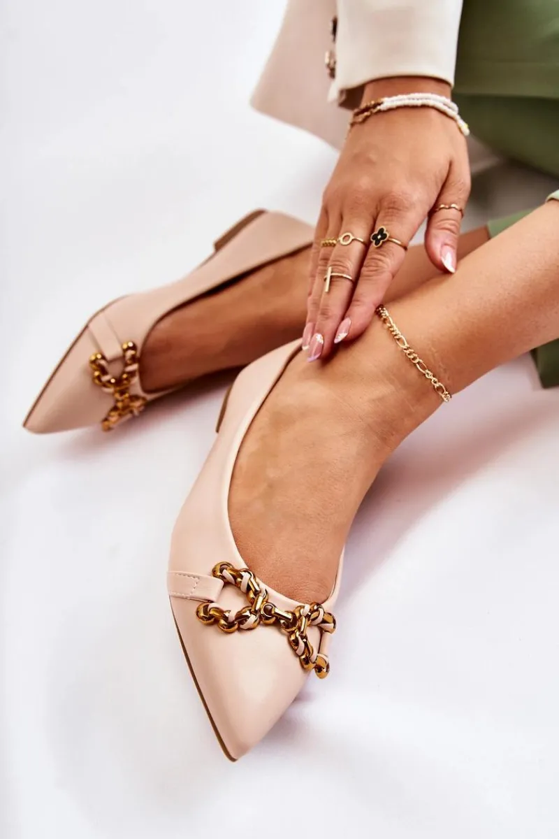 Hot Boto Damskie Skórzane Baleriny W Szpic Z Ozdobą Beżowe Carlos