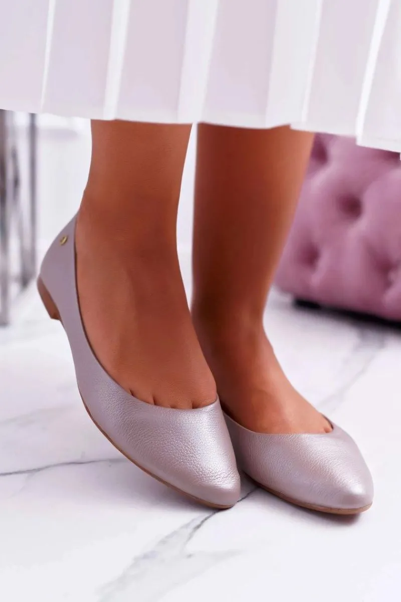 New Damskie Skórzane Baleriny Metaliczne Beżowe 04100-10 Damskie Baleriny Skórzane|Baleriny Klasyczne