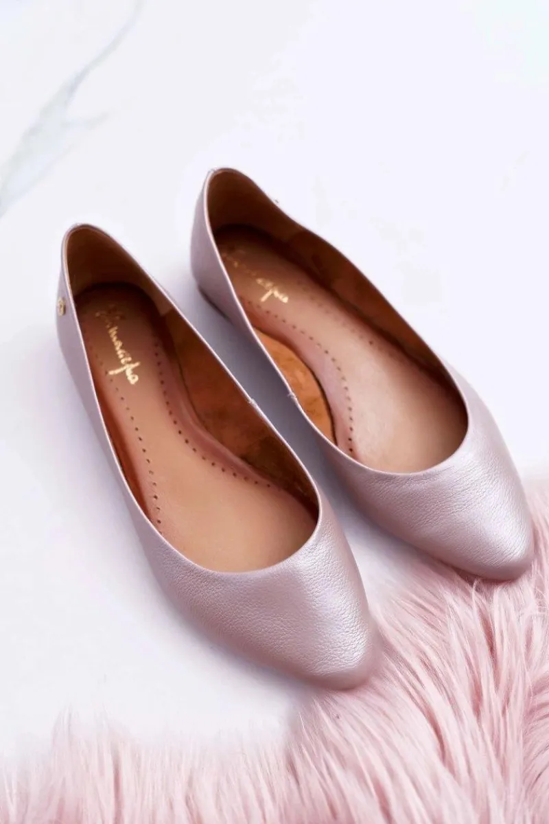 New Damskie Skórzane Baleriny Metaliczne Beżowe 04100-10 Damskie Baleriny Skórzane|Baleriny Klasyczne