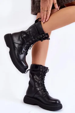 Sale Damskie Skórzane Botki Glany Sznurowane Czarne Passione Damskie Botki Wiosenne|Botki Sznurowane