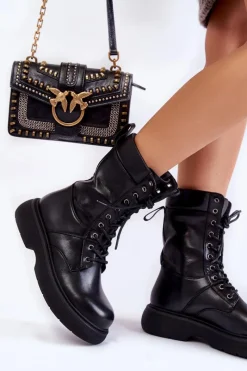 Sale Damskie Skórzane Botki Glany Sznurowane Czarne Passione Damskie Botki Wiosenne|Botki Sznurowane