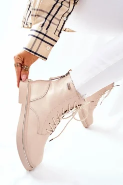 Hot GOE Damskie Skórzane Botki II2N4015 Beżowe