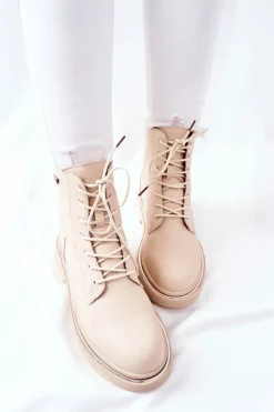 Hot GOE Damskie Skórzane Botki II2N4015 Beżowe