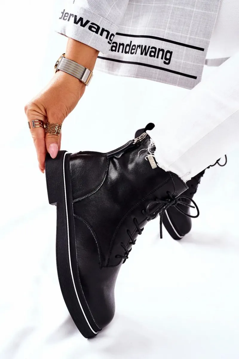 Botki Sznurowane|Czarne Botki>GOE Damskie Skórzane Botki II2N4014 Czarne