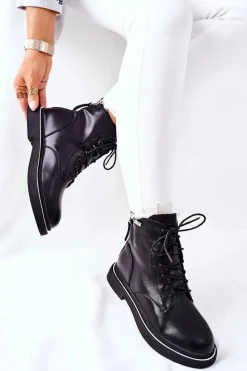 Botki Sznurowane|Czarne Botki>GOE Damskie Skórzane Botki II2N4014 Czarne