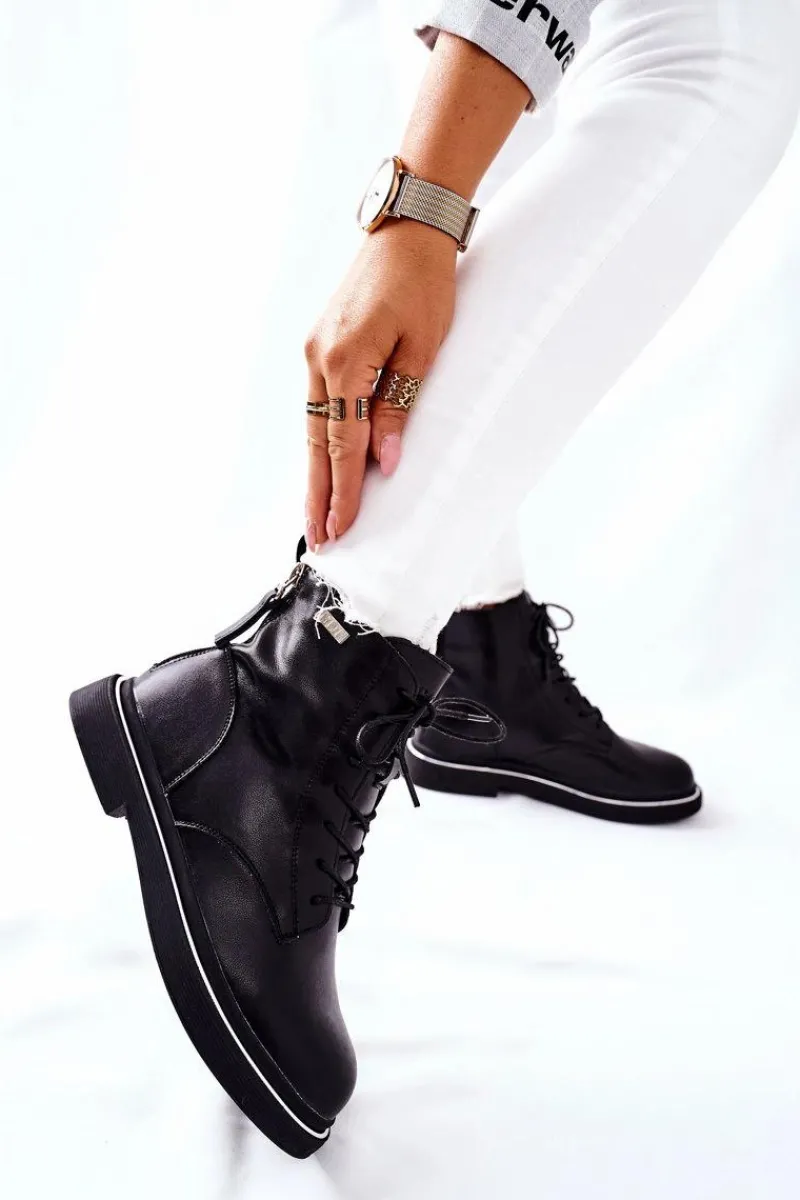 Botki Sznurowane|Czarne Botki>GOE Damskie Skórzane Botki II2N4014 Czarne