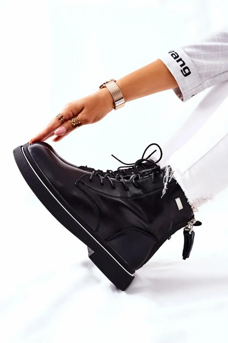 Botki Sznurowane|Czarne Botki>GOE Damskie Skórzane Botki II2N4014 Czarne