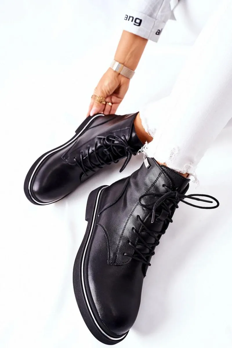 Botki Sznurowane|Czarne Botki>GOE Damskie Skórzane Botki II2N4014 Czarne