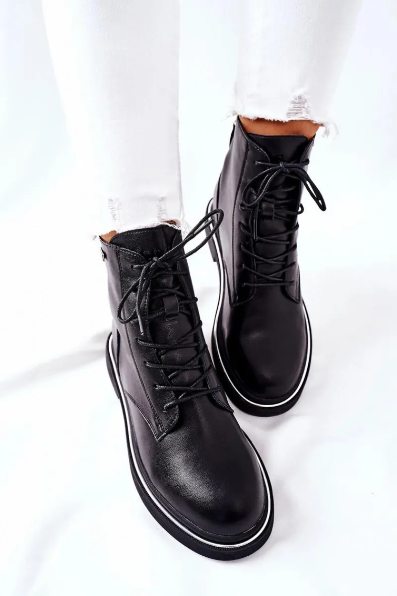 Botki Sznurowane|Czarne Botki>GOE Damskie Skórzane Botki II2N4014 Czarne