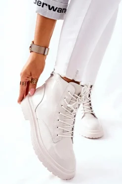 Outlet Damskie Skórzane Botki II2N4013 Białe Damskie Botki Sznurowane|Czarne Botki