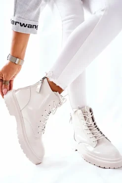 Outlet Damskie Skórzane Botki II2N4013 Białe Damskie Botki Sznurowane|Czarne Botki