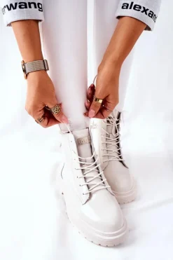 Outlet Damskie Skórzane Botki II2N4013 Białe Damskie Botki Sznurowane|Czarne Botki