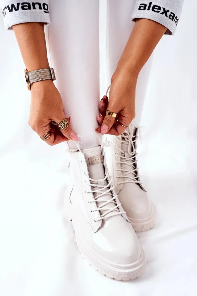 Outlet Damskie Skórzane Botki II2N4013 Białe Damskie Botki Sznurowane|Czarne Botki