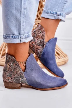 Outlet Maciejka Damskie Skórzane Botki Granatowe 04091-27