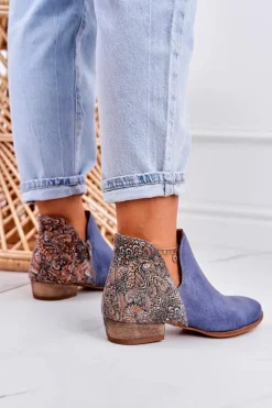 Outlet Maciejka Damskie Skórzane Botki Granatowe 04091-27