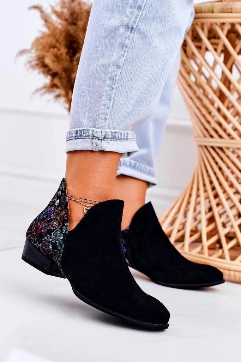 Discount Damskie Skórzane Botki Czarne Z Kwiatami 04091-57 Damskie Botki Wiosenne|Botki Maciejka