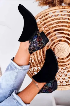 Discount Damskie Skórzane Botki Czarne Z Kwiatami 04091-57 Damskie Botki Wiosenne|Botki Maciejka