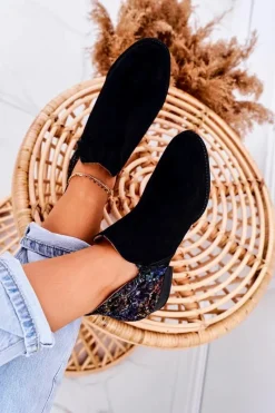 Discount Damskie Skórzane Botki Czarne Z Kwiatami 04091-57 Damskie Botki Wiosenne|Botki Maciejka