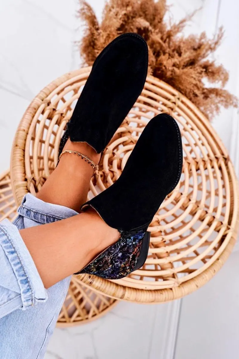 Discount Damskie Skórzane Botki Czarne Z Kwiatami 04091-57 Damskie Botki Wiosenne|Botki Maciejka