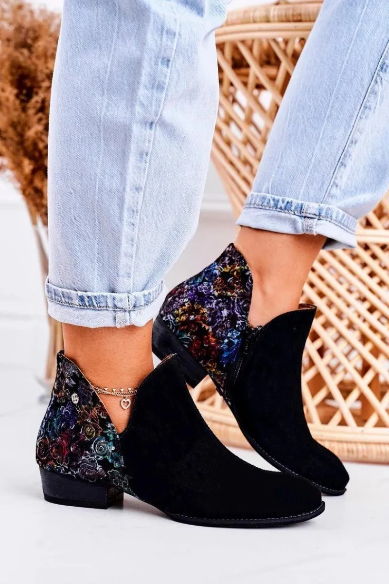 Discount Damskie Skórzane Botki Czarne Z Kwiatami 04091-57 Damskie Botki Wiosenne|Botki Maciejka
