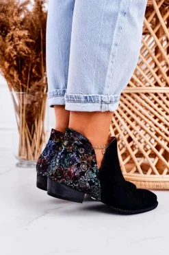 Discount Damskie Skórzane Botki Czarne Z Kwiatami 04091-57 Damskie Botki Wiosenne|Botki Maciejka