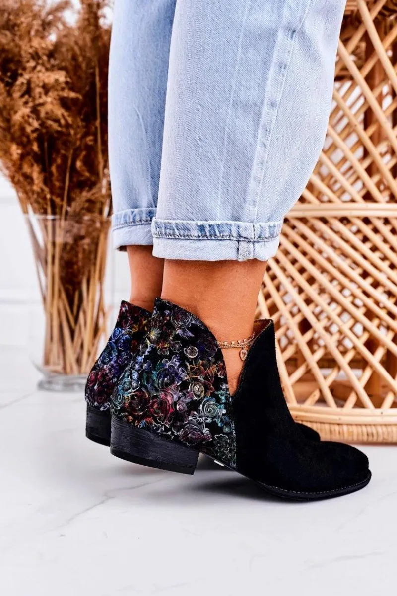 Discount Damskie Skórzane Botki Czarne Z Kwiatami 04091-57 Damskie Botki Wiosenne|Botki Maciejka