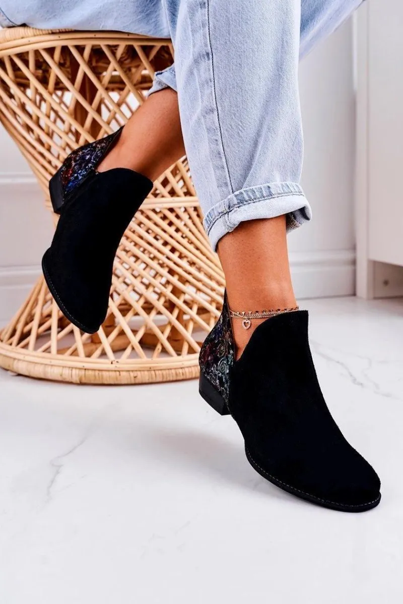 Discount Damskie Skórzane Botki Czarne Z Kwiatami 04091-57 Damskie Botki Wiosenne|Botki Maciejka