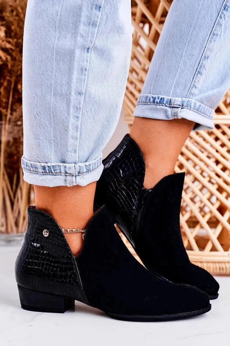 Maciejka Damskie Skórzane Botki Lakierowane Czarne Wzór Zwierzęcy 04091-72