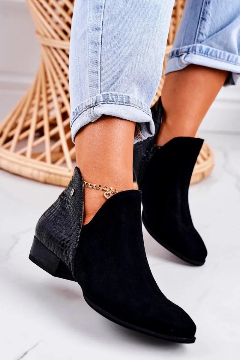 Maciejka Damskie Skórzane Botki Lakierowane Czarne Wzór Zwierzęcy 04091-72