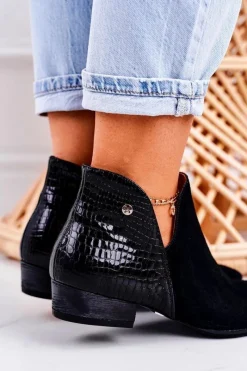 Maciejka Damskie Skórzane Botki Lakierowane Czarne Wzór Zwierzęcy 04091-72