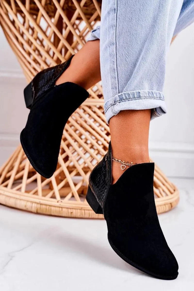 Maciejka Damskie Skórzane Botki Lakierowane Czarne Wzór Zwierzęcy 04091-72