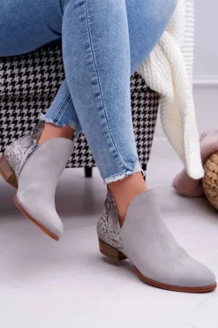 Online Damskie Skórzane Botki Szare 04091-03 Damskie Botki Wiosenne|Botki Maciejka