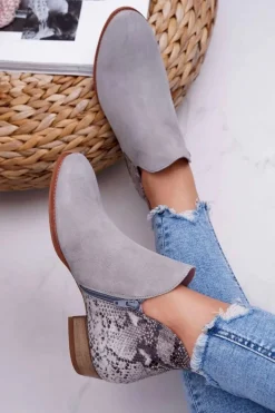 Online Damskie Skórzane Botki Szare 04091-03 Damskie Botki Wiosenne|Botki Maciejka