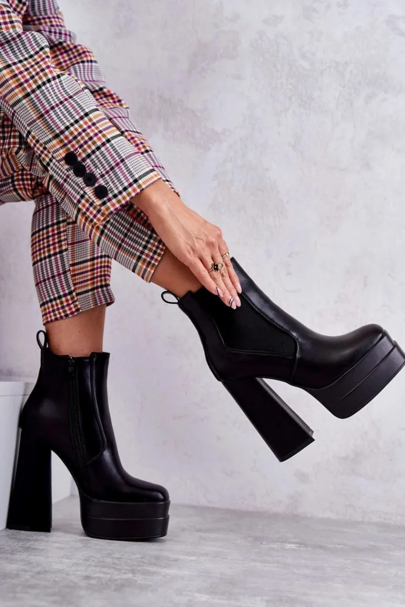 Sale Damskie Skórzane Botki Na Masywnym Obcasie Czarne Jones Damskie Botki Na Słupku|Czarne Botki