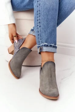Botki Wiosenne|Botki Maciejka>Maciejka Damskie Skórzane Botki Na Słupku Popielate 04492
