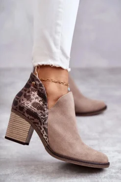 New Damskie Skórzane Botki Na Słupku Beżowe 04492-43 Damskie Botki Wiosenne|Botki Maciejka