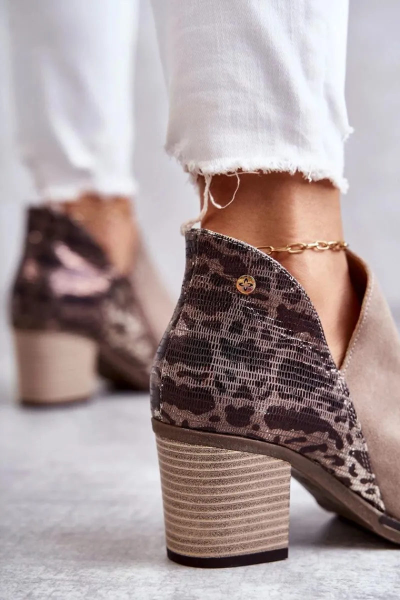 New Damskie Skórzane Botki Na Słupku Beżowe 04492-43 Damskie Botki Wiosenne|Botki Maciejka