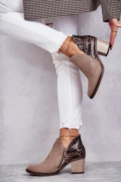 New Damskie Skórzane Botki Na Słupku Beżowe 04492-43 Damskie Botki Wiosenne|Botki Maciejka