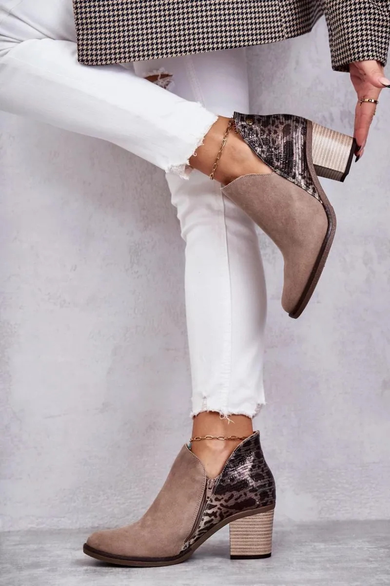 New Damskie Skórzane Botki Na Słupku Beżowe 04492-43 Damskie Botki Wiosenne|Botki Maciejka