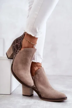 New Damskie Skórzane Botki Na Słupku Beżowe 04492-43 Damskie Botki Wiosenne|Botki Maciejka