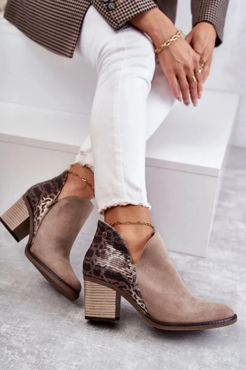 New Damskie Skórzane Botki Na Słupku Beżowe 04492-43 Damskie Botki Wiosenne|Botki Maciejka