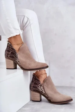 New Damskie Skórzane Botki Na Słupku Beżowe 04492-43 Damskie Botki Wiosenne|Botki Maciejka